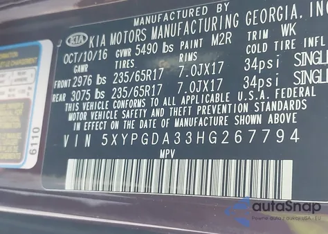 2017 Kia Sorento 2.4L Lx from USA, damaged, VIN 5XYPGDA33HG267794